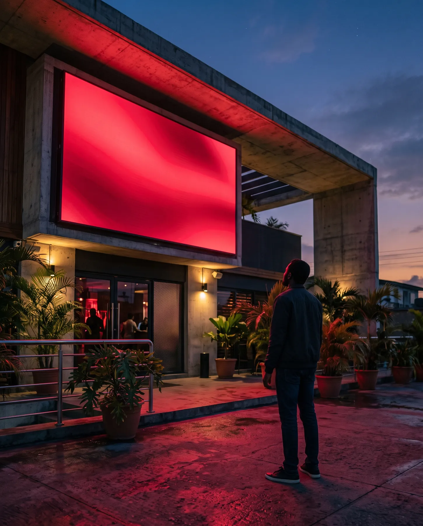 A large red LED screen glowing on the front of the venue at dusk, one person watching