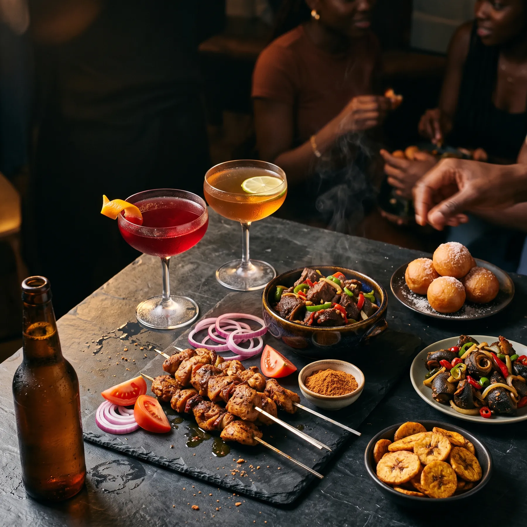 An overhead spread of suya, asun, puff-puff and cocktails on a dark slate table