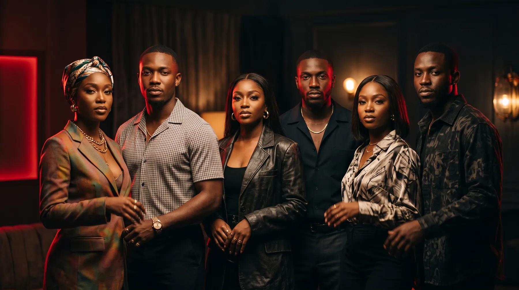 A confident group of young Nigerian guests standing together in a dimly lit lounge