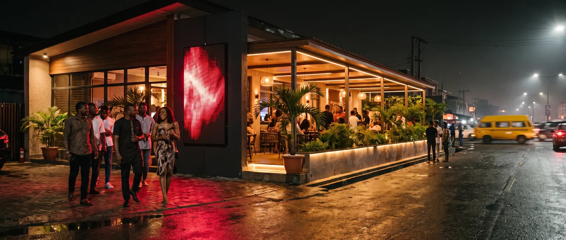 A new lounge glowing on a Lagos street at night, guests arriving under warm lights