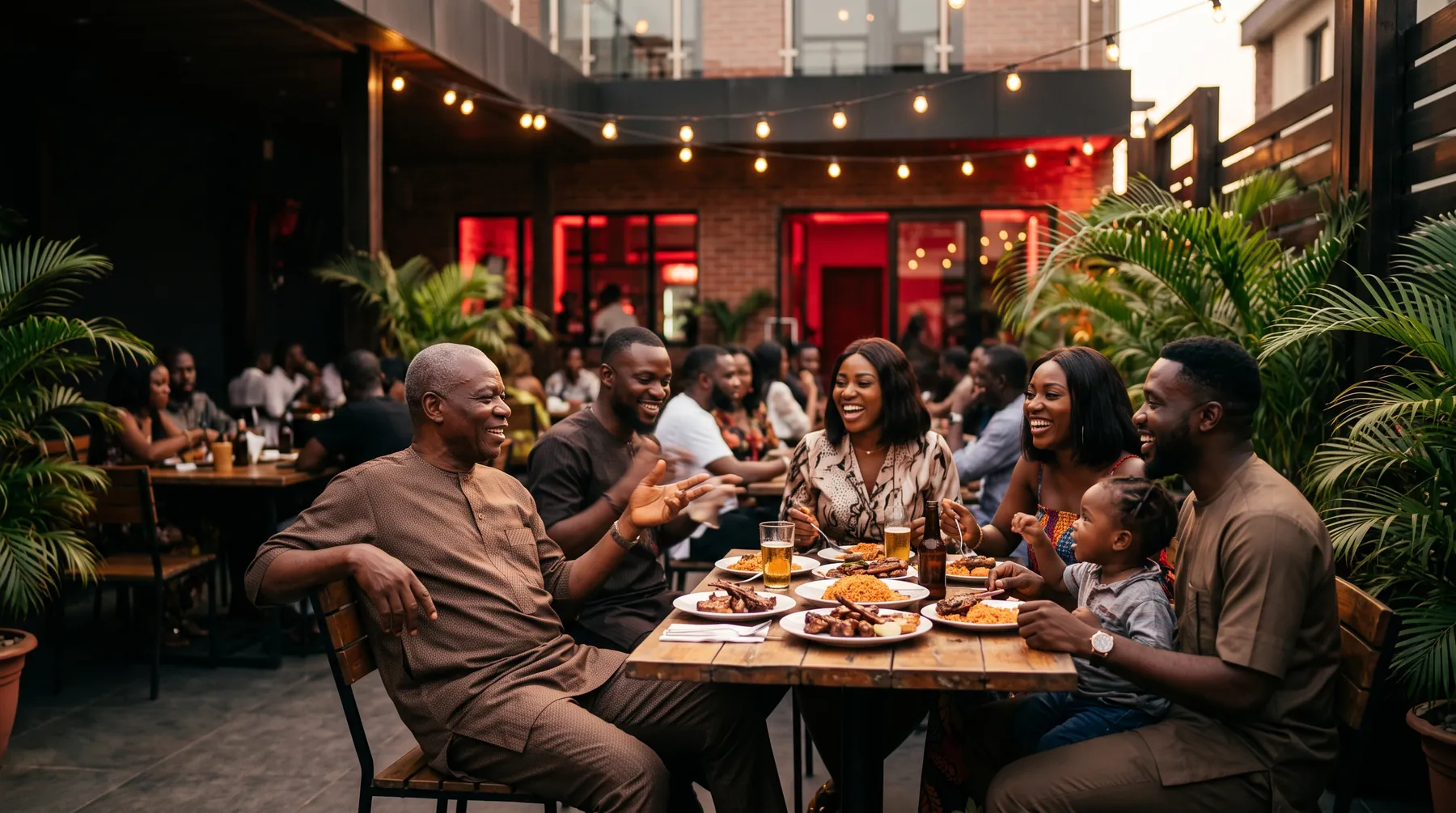 Relaxed guests seated on a terrace under warm string lights