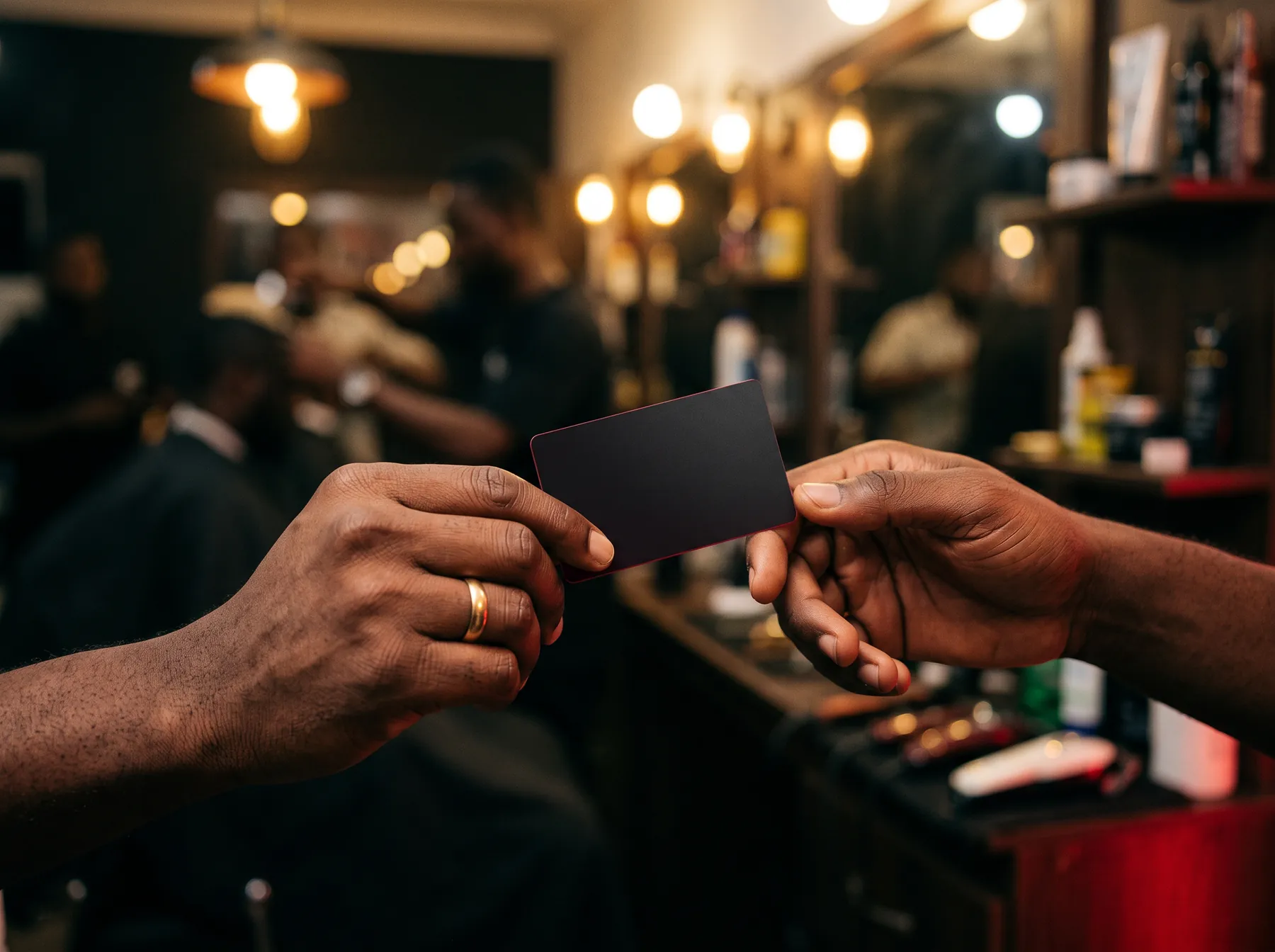 A matte black membership card passed between two hands inside a warm barbershop